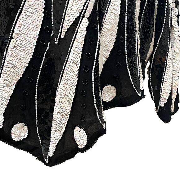 VTG Creative Creations Sequin Beads Sequins Top black White Silk sz Medium - Picture 6 of 7